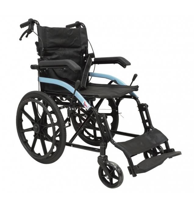 OH 372 BLB WHEELCHAIR PREMIUM BLACK BLUE WITH ALLOY WHEELS AND BRAKE ASSIST